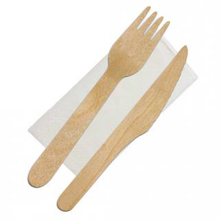 Set BIS LEMN ( furculita, cutit si servetel) ambalat individual