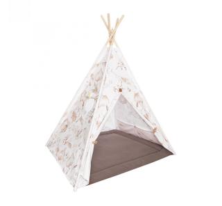 Cort de joaca Boho, saltea impermeabila inclusa, 4 perne, Indian Teepee din Bumbac, BabySteps