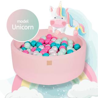 Piscina uscata cu 250 de bile (Alb perlat, Turcoaz, Roz pastel, Mint) MeowBaby  , Unicorn, 90x30 cm, Roz deschis