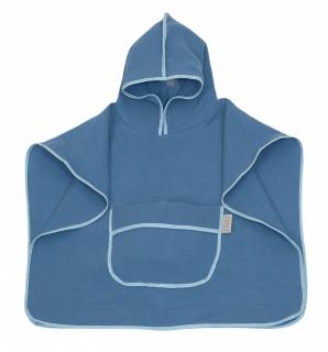 Prosop din bumbac muselina cu gluga si buzunar pentru bebelusi si copii, Poncho, Blue, 60x65 cm