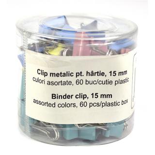 Clip hartie 15mm 60 buc, culori asortate cutie plastic