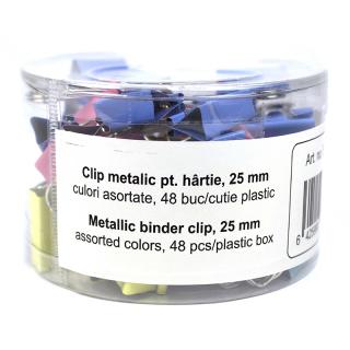 Clip hartie 25mm, 48 buc, culori asortate cutie plastic