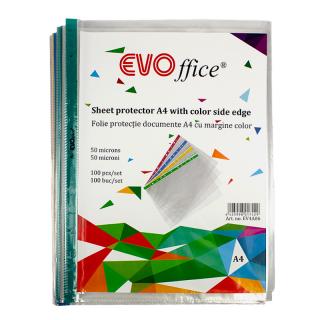 Folie protectie documente A4, cristal 50 micr, margine color, 100buc set EVOffice