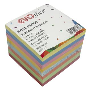 Rezerva cub 9 9(+ -3%)cm tiplat, hartie col 80gr,800file(4 cul pastel+4 cul neon) EVOffice