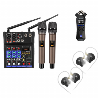 Kit Live cu 2 microfoane wireless cu receiver, + 2 casti audio de monitorizare in-ear + x1 recorder audio