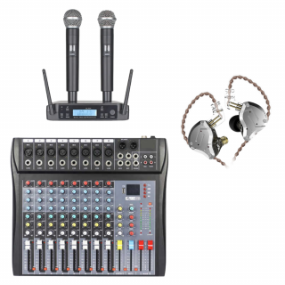 Kit Live III Mixer audio 8 canale + Set microfon wireless dual + Casti monitorizare in-ear