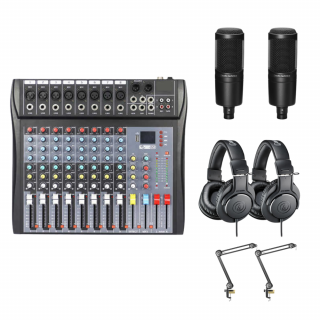 Kit Podcast: Mixer audio 8 canale + 2 x microfoane AT2020 + 2 x Audio-Technica ATH-M20X + 2 x brat cadou