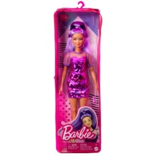 Barbie Fashionistas cu par mov cu rochie cu umeri bufanti
