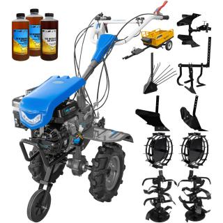 Motocultor DKD 950 G motor 7 CP benzina 2+1 viteze latime lucru 95 cm freze roti cauciuc 4.00x8  capota cu far LED roti metal plug arat rarita reglabila plug cartofi cultivator plug reversibil remorca 3l ulei