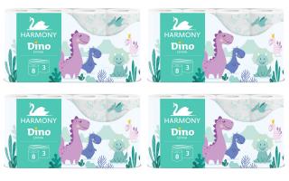 Pachet promo 4 seturi hartie Igienica Harmony Dino, 3straturi, 8 role pe set