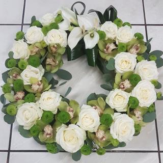 Coroana Funerara cu Trandafiri, Cale si Orhidee Cymbidium