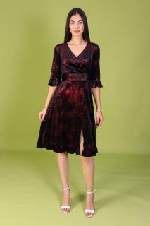 Rochie ARINA, Neagra cu Fir Lurex Rosu, din Catifea, Engros