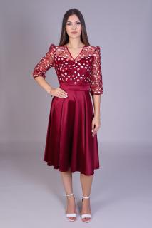 Rochie MAYA bordo din tafta si broderie cu motive florale engros