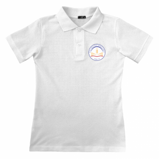 Tricou Polo alb cu ecuson Scoala Gimnaziala - Pompiliu Marcea - Targu Jiu