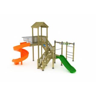 01A Clasic Echipament loc de joaca exterior parc din lemn cu Scara 2 Tobogane si Cataratoare