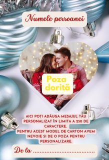 Cartonas personalizat cu mesaj si fotografie ,   Emotie in cutia de bijuterii - Model albastru cu globuri