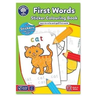 Carte de colorat cu activitati in limba engleza si abtibilduri Primele cuvinte FIRST WORDS, Orchard Toys, 2-3 ani +