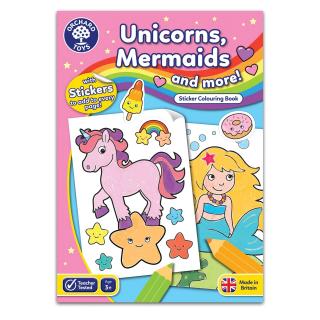 Carte de colorat cu activitati in limba engleza si abtibilduri Unicorni, Sirene si Altele UNICORNS, MERMAIDS AND MORE, Orchard Toys, 2-3 ani +