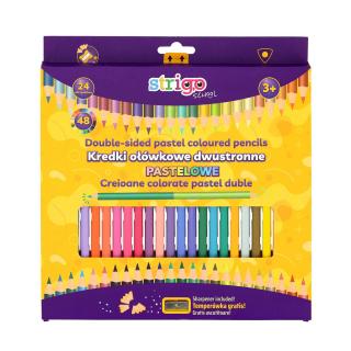 Creioane colorate duble Strigo, 24 bucati, 48 culori pastel, triunghiulare, cu ascutitoare