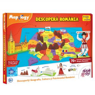 Descopera Romania - Harta Puzzle 3D ,70+ Activitati despre Relief, Cultura si Patrimoniul tarii, +5 ani