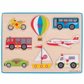 Puzzle din lemn incastru - Vehicule, BIGJIGS Toys, 2-3 ani +