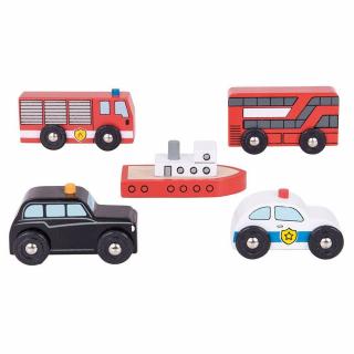 Set 5 vehicule din lemn, BIGJIGS Toys, 2-3 ani +