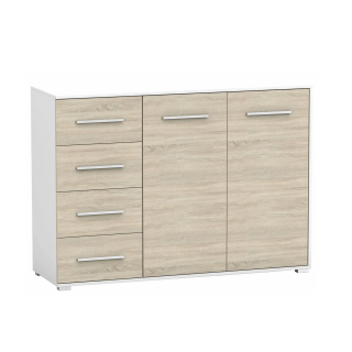 Comoda Sara cu 2 Usi si 4 Sertare, 135x95x45 cm, Culoare Alb Sonoma