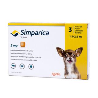 Deparazitare externa pentru caini Simparica 5mg 1.3-2.5 kg cutie cu 3 tablete