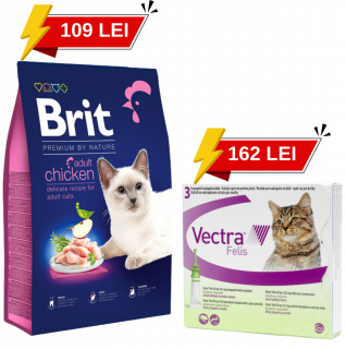 Pachet 109 lei 8kg Brit Premium by Nature Cat Adult Chicken, hrana uscata pentru pisici adulte + 162 lei Vectra Felis, spot-on, deparazitare externa pentru pisici, 3 pipete