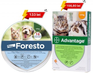 Pachet 133 lei Foresto - Zgarda Antiparazitara pentru caini mici si pisici (38 cm) + 156,80 lei Advantage 40, Set 4 pipete antiparazitare pentru pisici si iepuri 0-4 kg