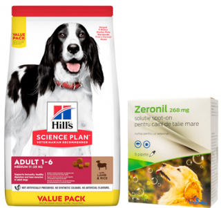 Pachet 18kg Hill s SP Canine Adult Medium Lamb and Rice Value Pack + Deparazitare externa Zeronil 268mg 20-40kg