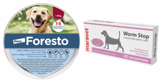 Pachet Foresto - Zgarda Antiparazitara pentru caini mari peste 8 kg (70 cm), pana la 8 luni de protectie impotriva purecilor si capuselor + 2 x 20 Tablete deparazitare interna pentru caini Worm Stop