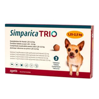 Simparica Trio 3 mg (1.3-2.5 kg) 3 tablete, deparazitare externa si interna pentru caini
