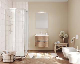 Mobilier baie suspendat,lavoar alb si oglinda lampa led 60 cm,santorini,rovere oro-alb