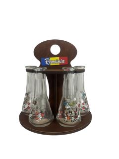 Suport din lemn cu 6 toiuri din sticla pentru palinca sau tuica ,   eleganta rustica pentru momente speciale