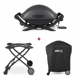 Set Gratar Electric Weber Q 2400 - Antracit + husa integrala + suport cu roti