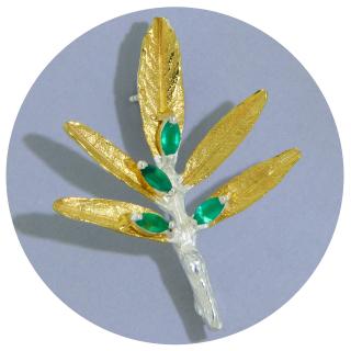 Brosa Argint 925 Accente Aurite Onix Verde Natural - Ramura de Maslin