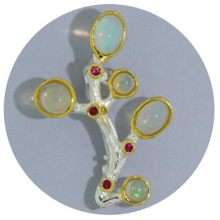 Brosa Argint 925 Accente Aurite Opal Granat Rodolit Naturale - Ramura Delicata