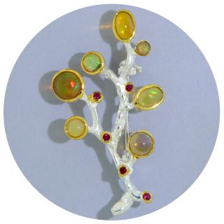 Brosa Argint 925 Accente Aurite Opal Granat Rodolit Naturale Ramura - Eleganta si Delicatete