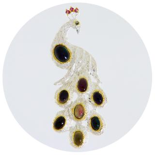 Brosa Argint 925 Accente Aurite Opal Negru Granat Rodolit - Paun Maiestuos