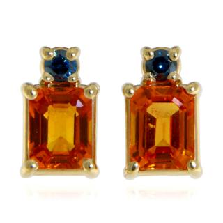 Cercei Stud Aur Galben 14 k Safire Portocalii Diamante Albastre Naturale - Energie si Eleganta