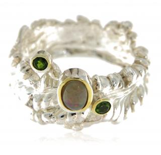 Inel Argint 925, accente aurite, Opal natural Peridot natural - Reflexii Subtile