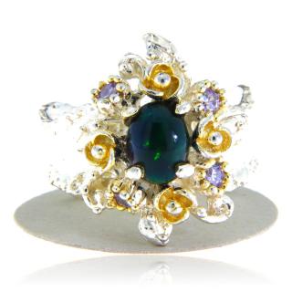 Inel Argint 925 Accente aurite Opal negru Natural Cubic zirconia - Eleganta si Mister