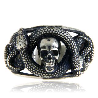 Inel Barbatesc Argint 925 Oxidat Vintage Gothic Double Headed Snake Skull