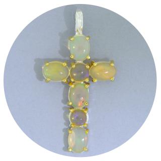 Pandantiv Argint 925 Accente Aurite Cruce Opal Etiopian Natural - Eleganta si Spiritualitate