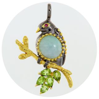 Pandantiv Argint 925 Rodiu negru Accente aurite Jad Peridot Naturale - Elegant Bird