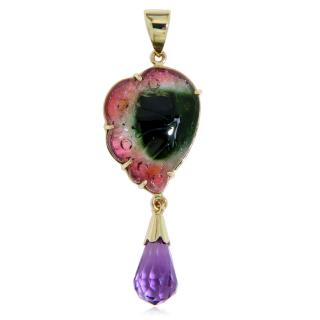 Pandantiv Aur 14 k Galben Turmalina Watermelon Gravata Manual Ametist Naturale - Creativitate si Armonie