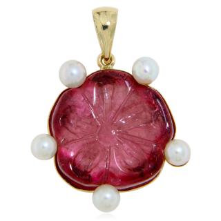 Pandantiv Aur 14 k Turmalina Roz Gravata Manual Perle de Cultura Naturale - Rafinament si Puritate