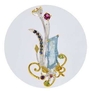 Pandantiv Brosa din Argint 925 Accente Aurite Acvamarin Safire Rodolit Peridot Naturale