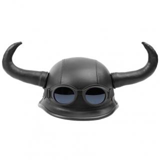 Casca moto cu coarne tip Viking imbracata in piele ecologica, cu ochelari